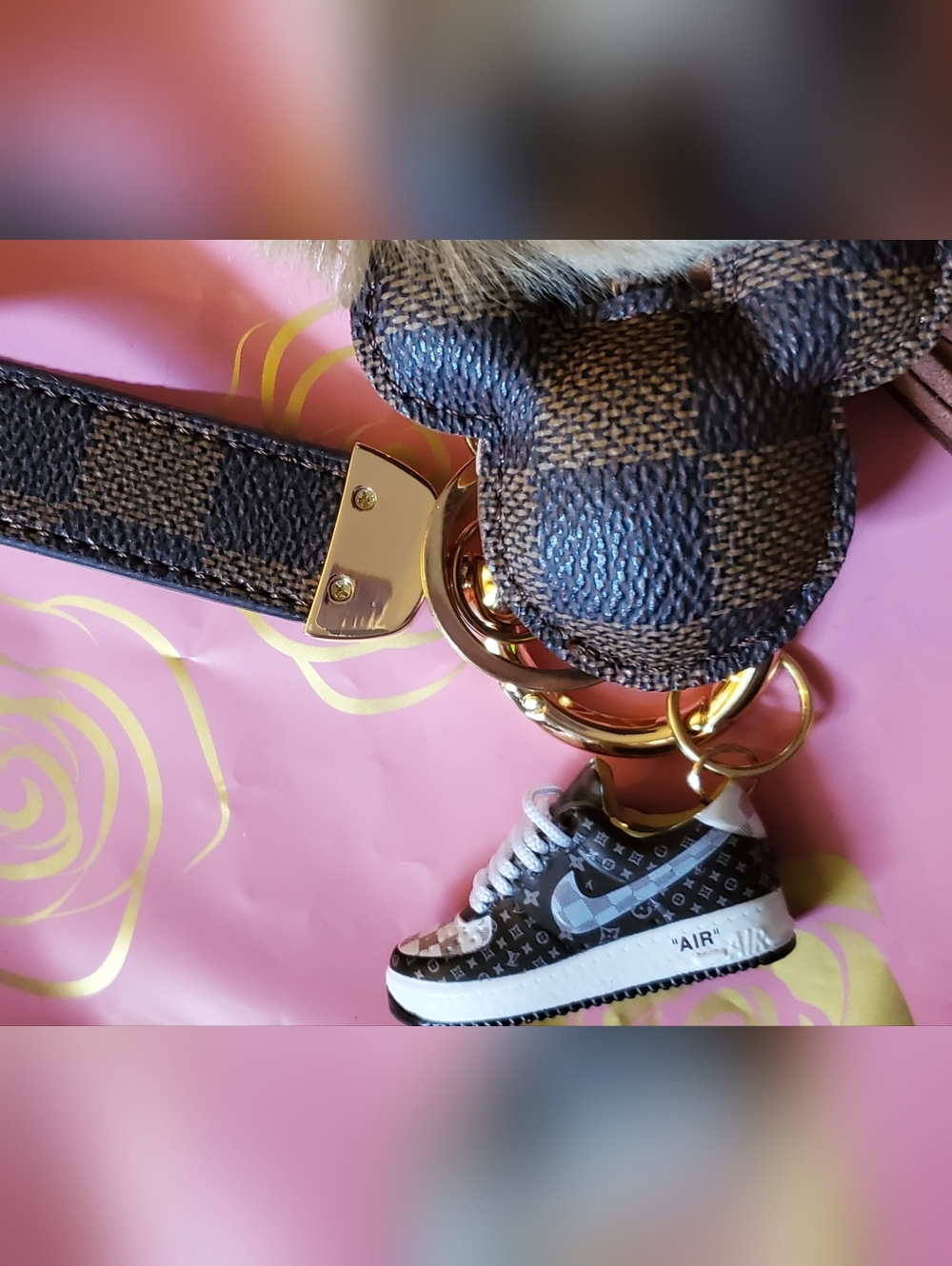 Mini Sneaker Charm,  Minnie Mouse Charm, Brown Strap And  pom-pom